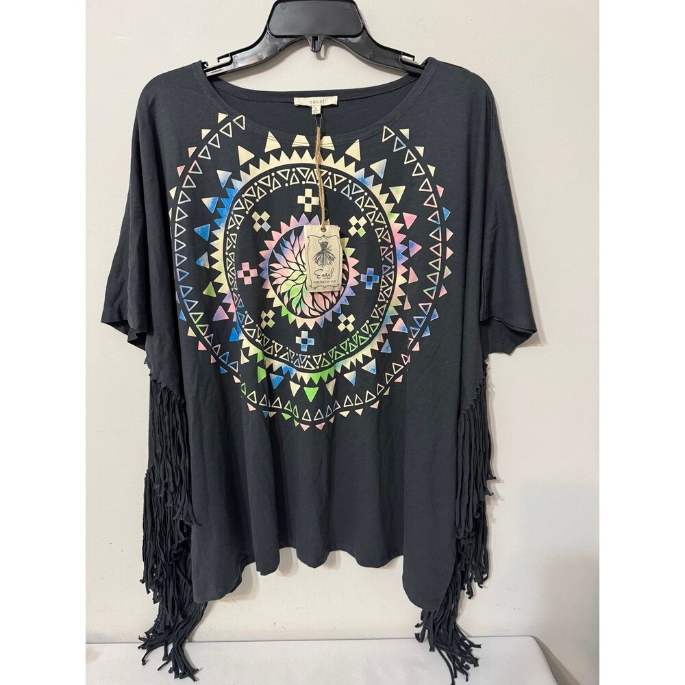 EASEL RAINBOW MANDALA FRINGE OVERSIZED BOHO FESTIVAL  TEE Small  NWT